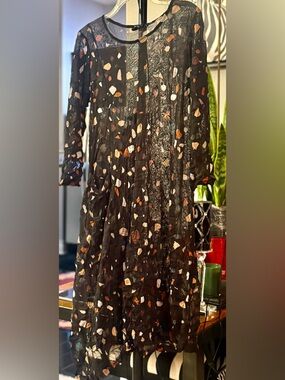 Black Long-Sleeve Sheer Dress with Multi-Colored Confetti Print